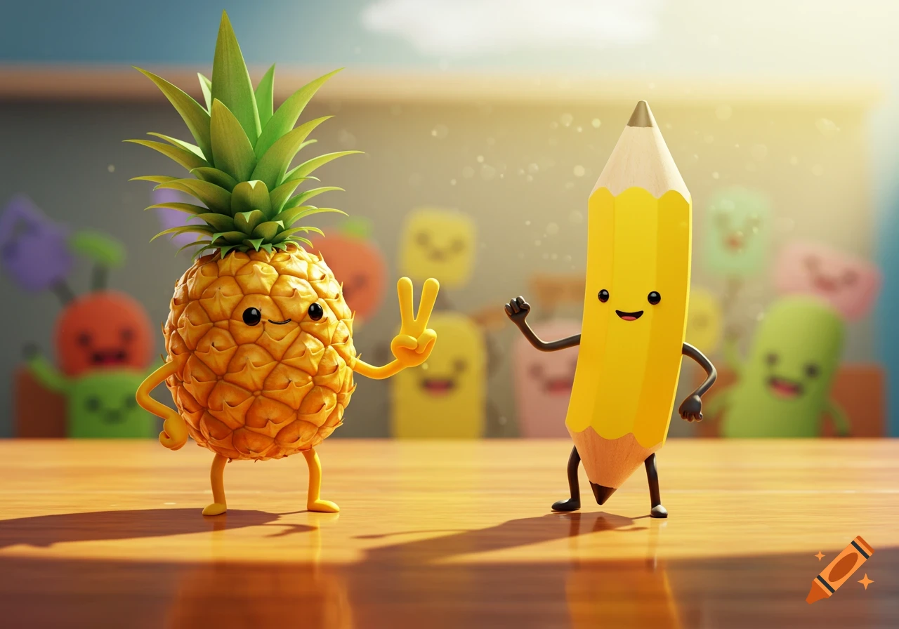 A cute 3D rendered cartoon pineapple makes a peace sign while a yellow pencil waves, standing on a wooden desk in a sunny classroom.