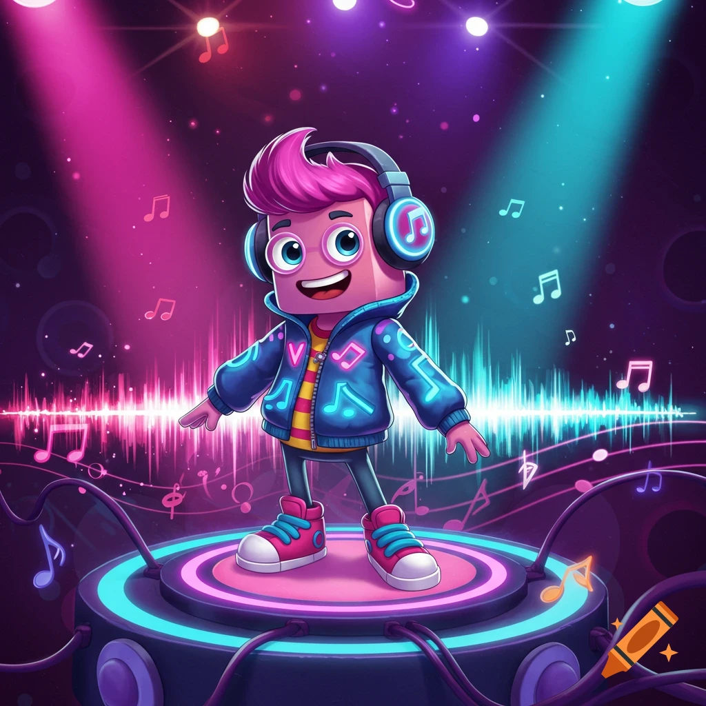 Vibrant digital illustration of a pink-haired cartoon character wearing headphones, standing on a neon-lit stage with musical notes and spotlights.