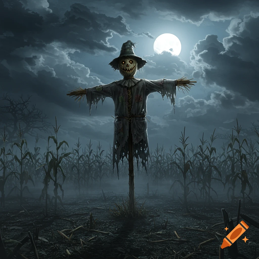 A spooky, ragged scarecrow with glowing eyes stands in a dark cornfield under a full moon and cloudy night sky, horror style.