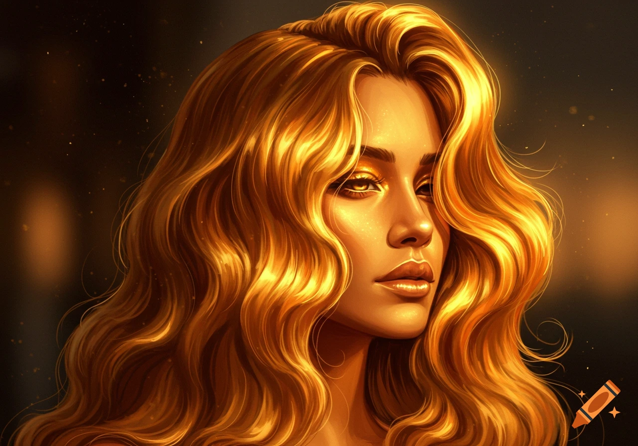 Digital painting of a woman with long, flowing golden hair, looking to the right with a serious expression.