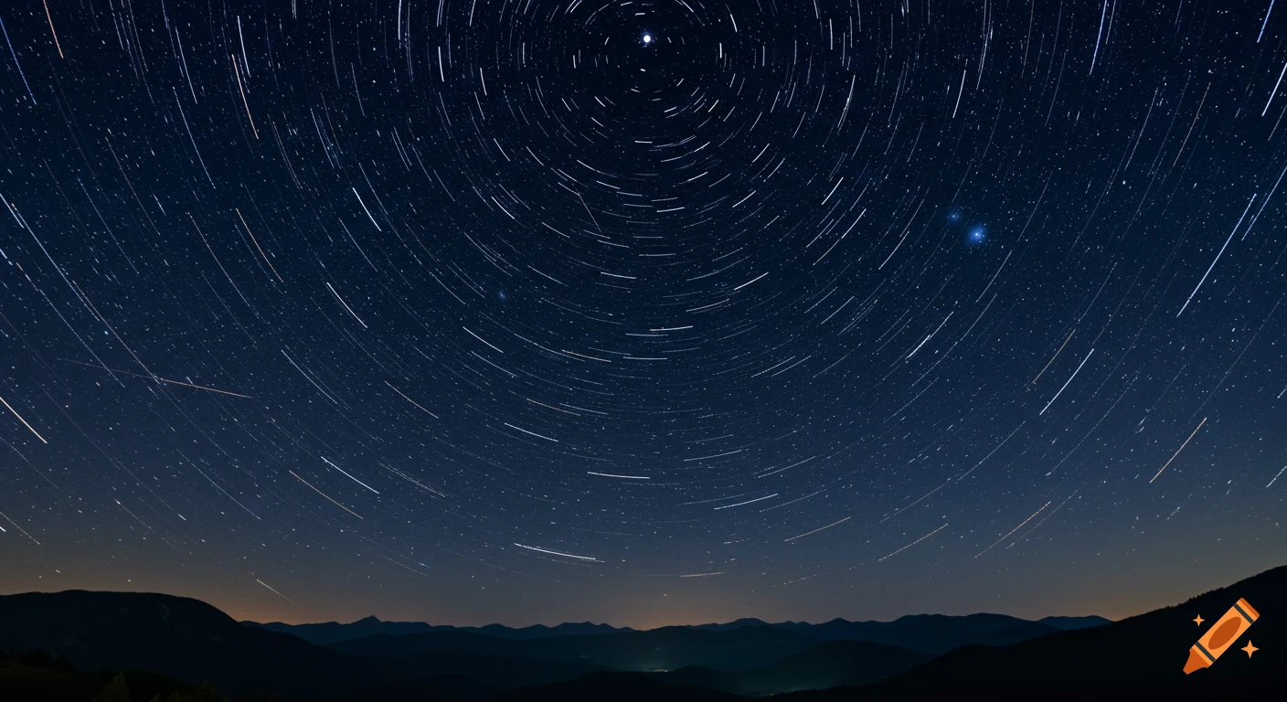 Long-exposure night sky with star trails rotating above dark mountain silhouettes.