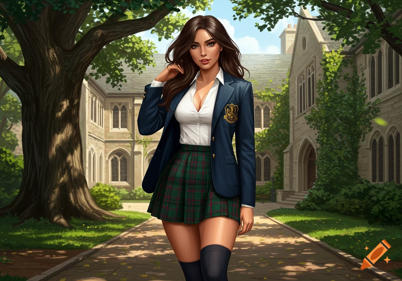 A young woman with long brown hair stands on a path in a prep school campus, wearing a blue blazer, white shirt, green plaid skirt, and knee-high socks.