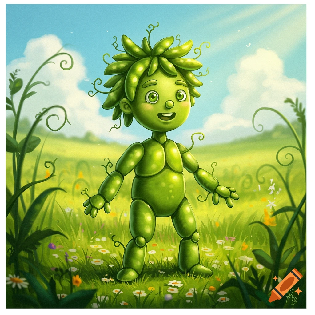 A smiling green bean boy with leafy hair stands in a sunny meadow filled with wildflowers, cartoon style.