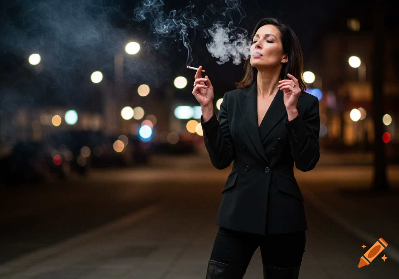 A woman in a black suit smokes a cigarette in a dimly lit street at night, exhaling smoke from her nose.