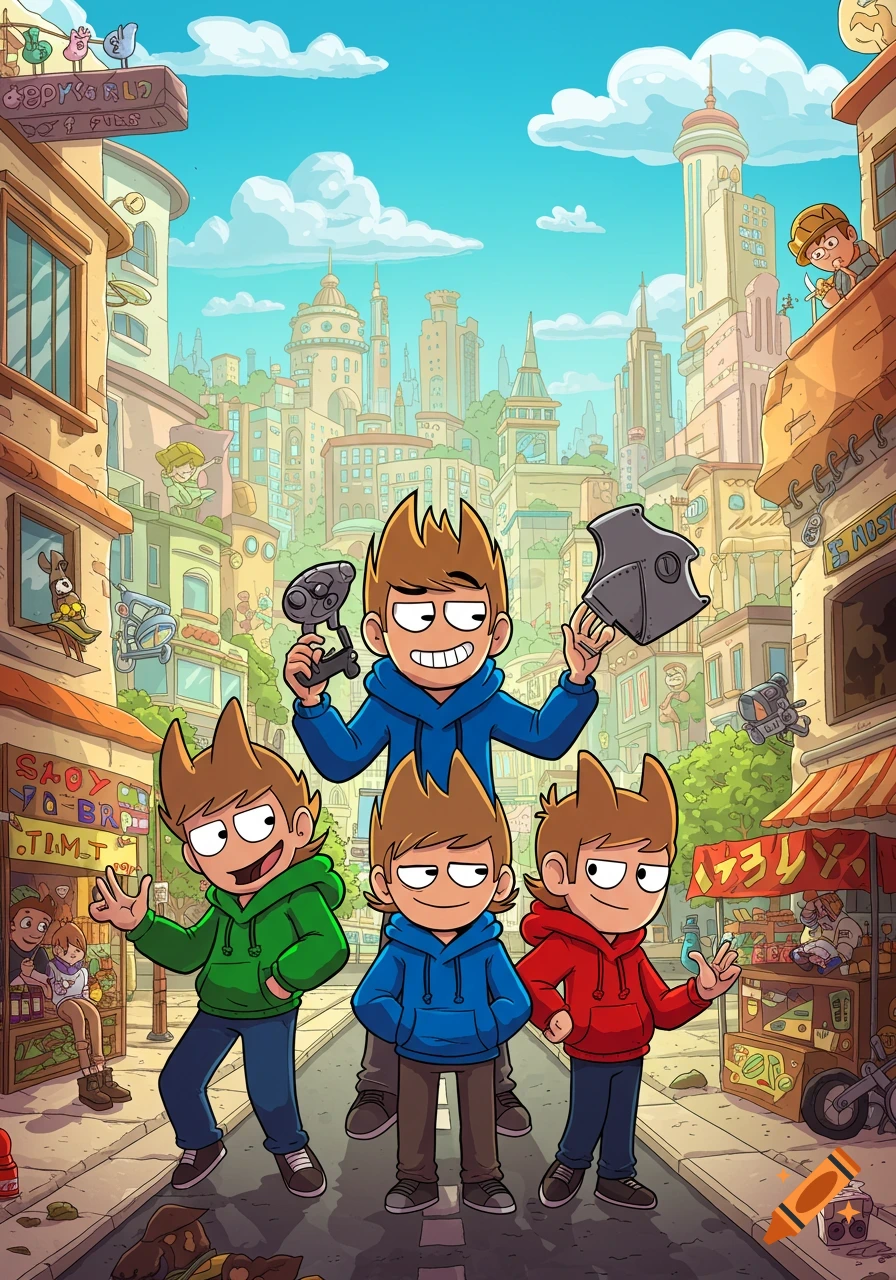 Four cartoon boys wearing hoodies stand on a city street, one holding a gun and helmet, surrounded by buildings and a vibrant sky.