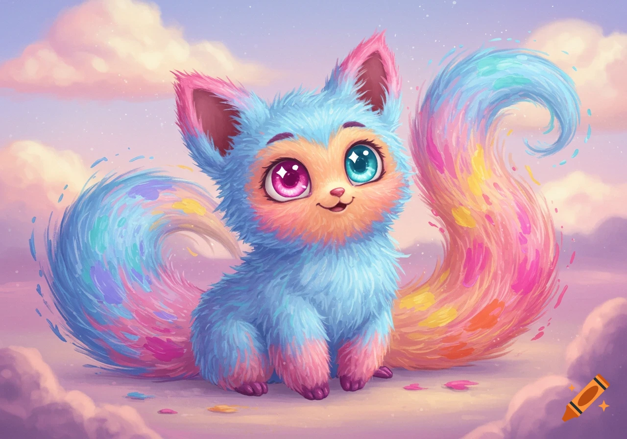 A cute, fluffy, light blue and pink cartoon animal with sparkling eyes and a long, colorful rainbow tail, against a soft pastel sky.