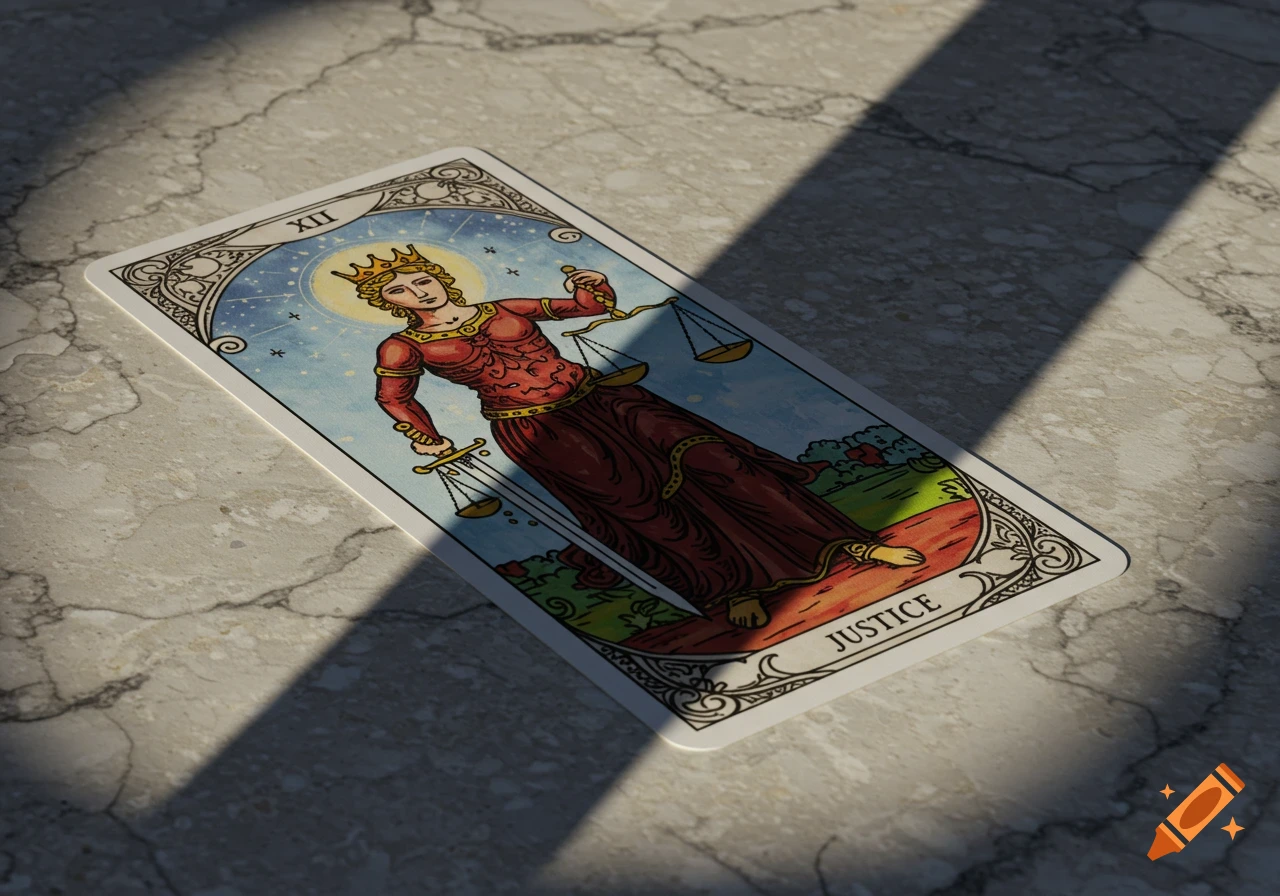 Justice tarot card featuring a robed figure with scales and a sword, resting on a marble surface with prominent shadows.