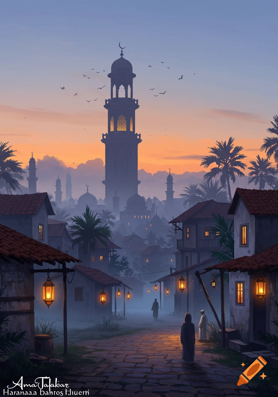 A serene, painterly cityscape at dawn with a tall minaret, palm trees, glowing lanterns, and figures on a cobblestone street.