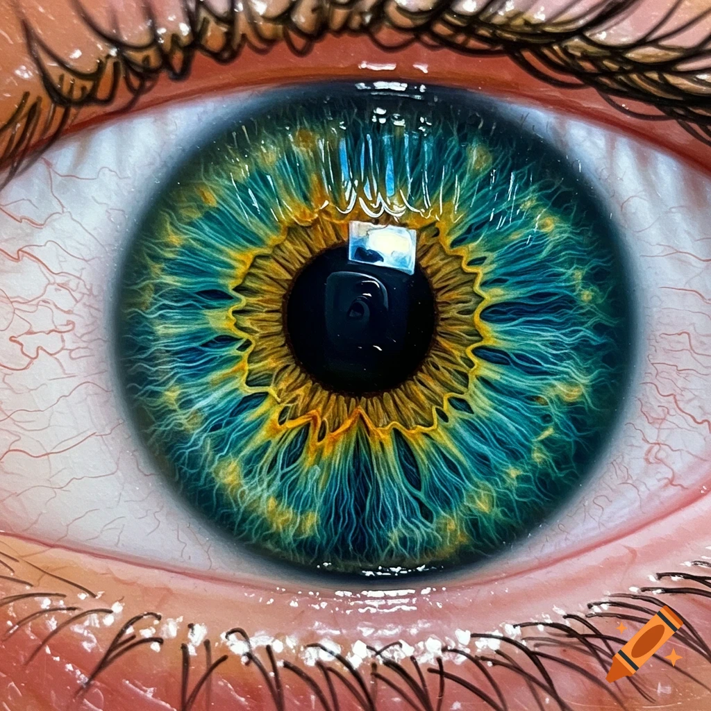 Detailed close-up of a human eye with a vibrant green and gold iris, bloodshot sclera, and eyelashes.