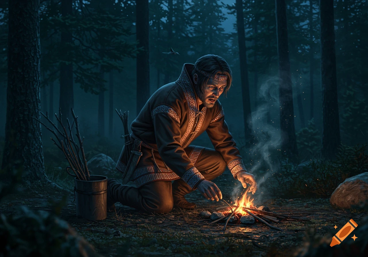A man in traditional clothing crouches, starting a small campfire in a dark, misty forest at night, with trees in the background.