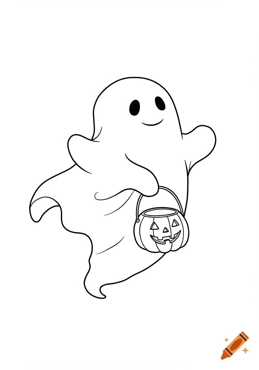 A cute cartoon ghost holding a jack-o'-lantern candy bucket, depicted in simple black and white line art.