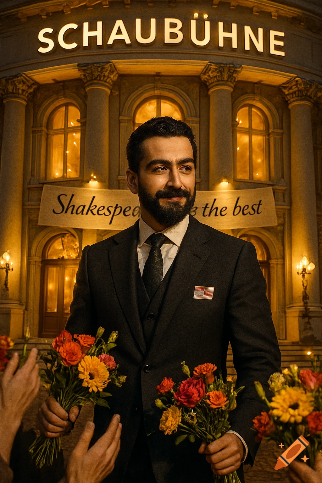 A man in a suit holds flowers in front of a theater with "SCHAUBÜHNE" and a banner that reads "Shakespe is the best"