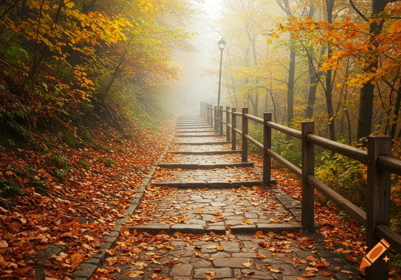 A stone path covered in autumn leaves winds uphill through a foggy forest with a wooden fence and a lamp post.