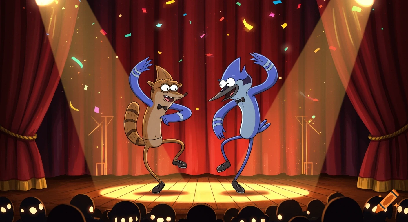 Mordecai, a blue jay, and Rigby, a raccoon, perform a tap dance on a spotlight-lit stage with red curtains and confetti in a cartoon style.