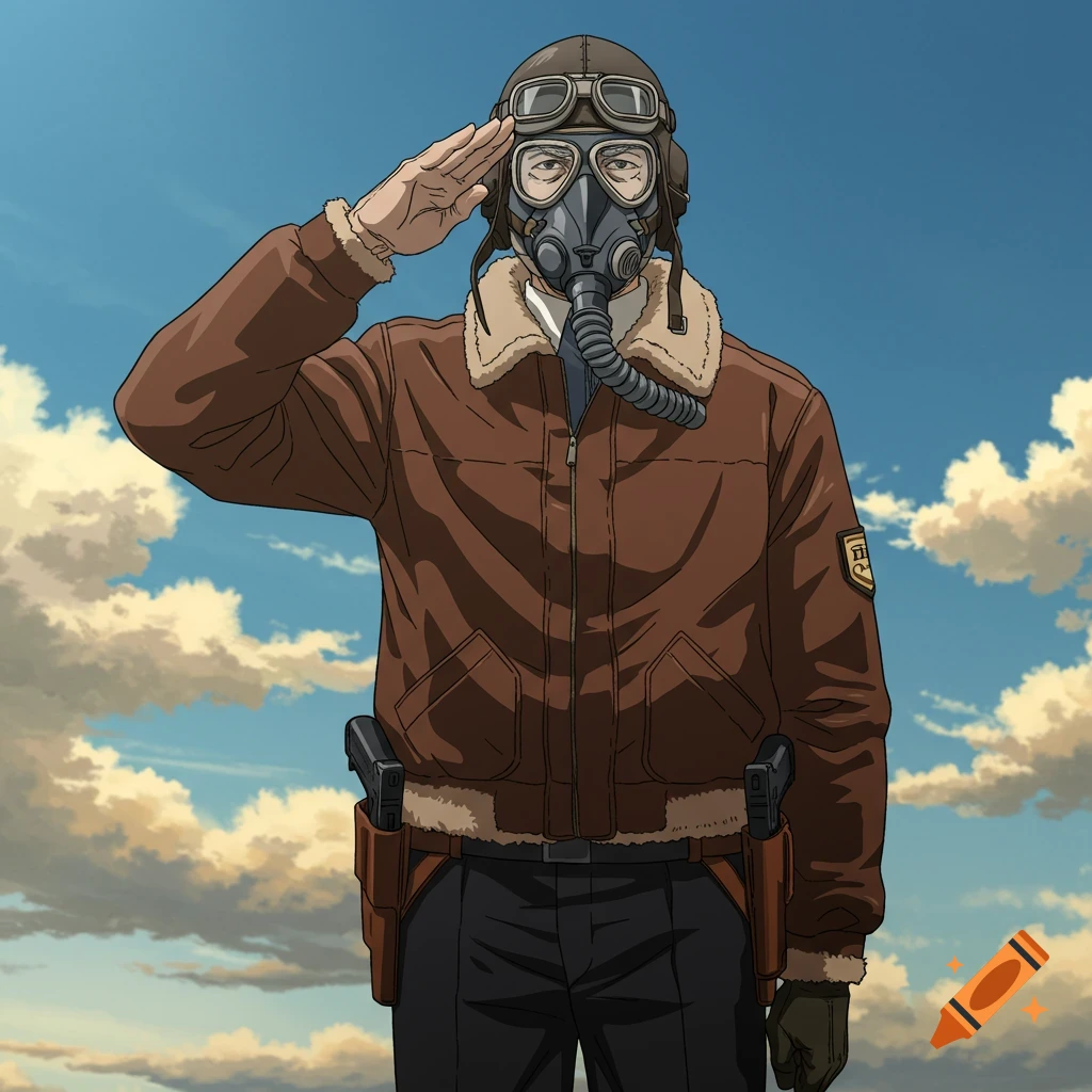 Anime man in brown aviator jacket, gas mask, goggles, holstered Glocks, saluting under a cloudy sky.
