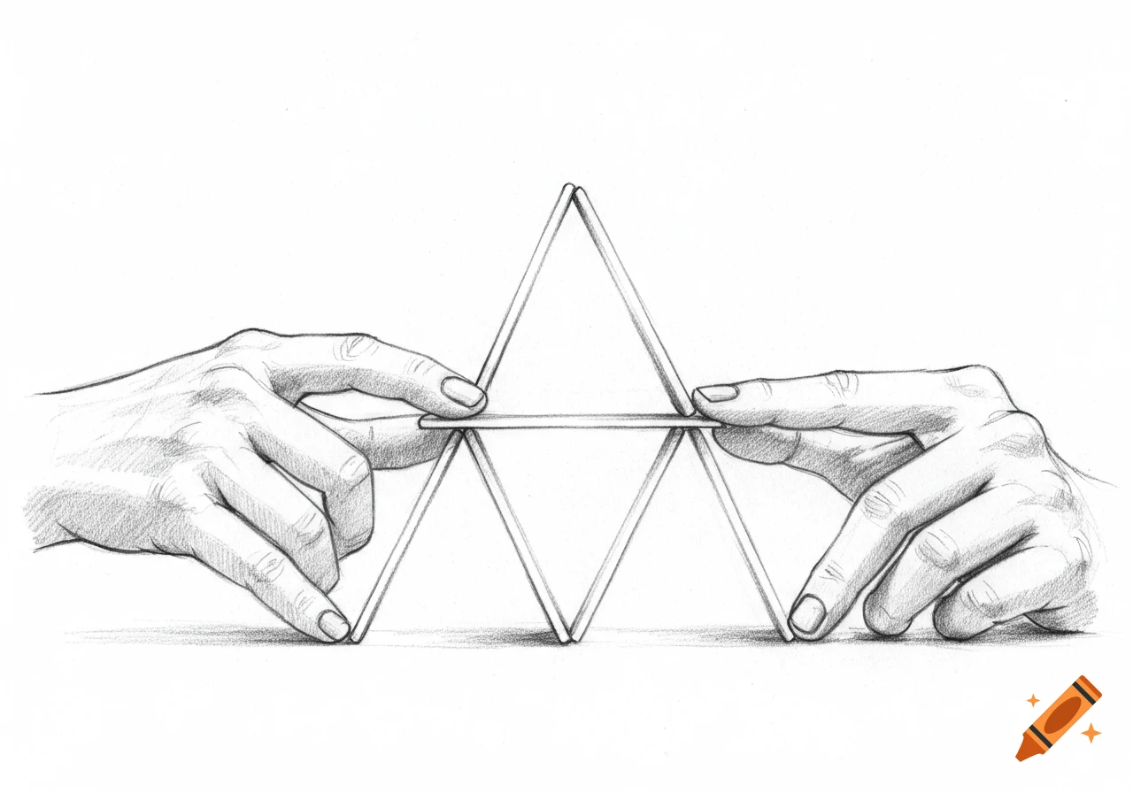A simple black and white pencil sketch of two hands building a house of cards.