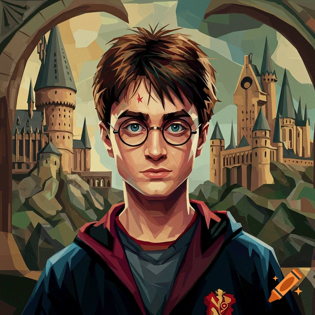 Stylized portrait of Harry Potter with his glasses and lightning scar,  Hogwarts castle in the background. on Craiyon, image size:1024x1024