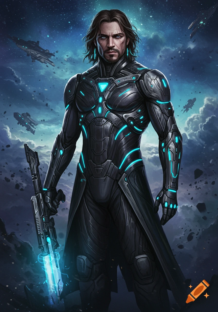 A futuristic male character in dark armor with glowing blue accents holds a weapon in space with ships and asteroids.