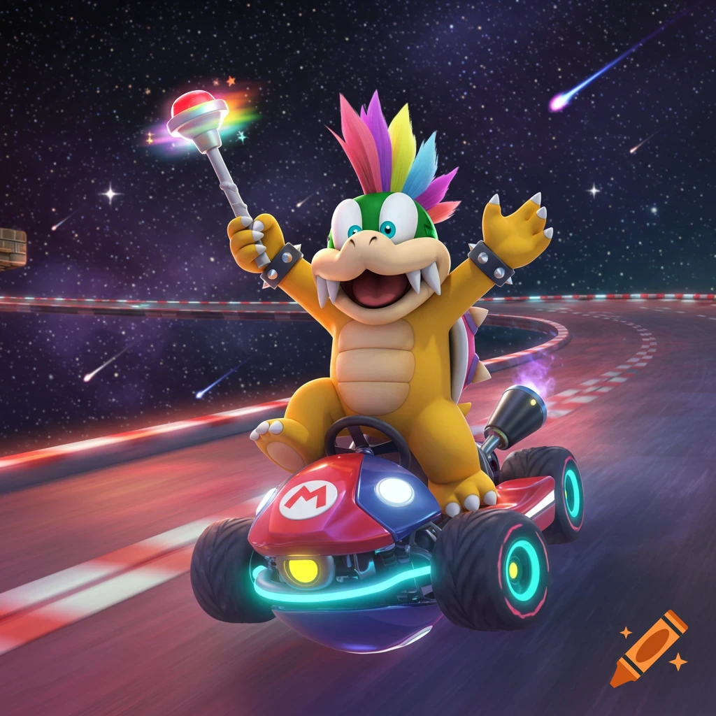Lemmy Koopa from Mario Kart drives a blue and red kart on a glowing track in space, with shooting stars in the background.