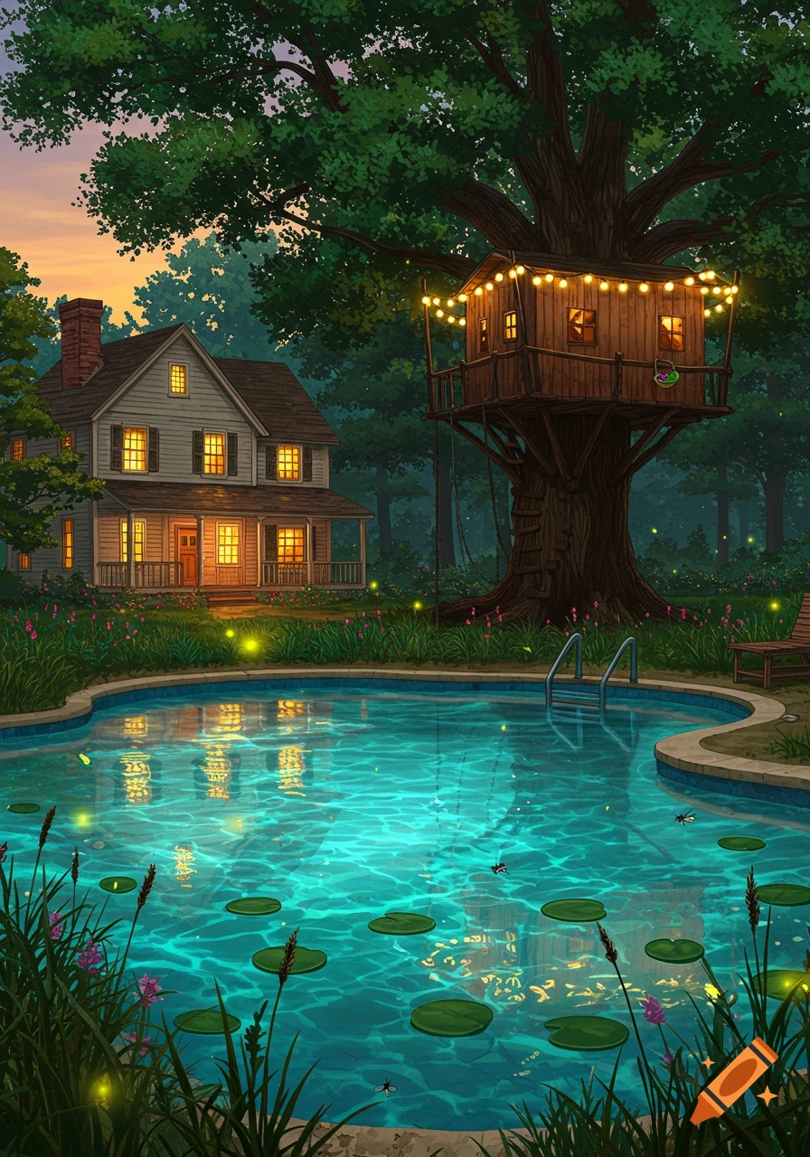 An illuminated house and treehouse overlook a glowing blue swimming pool surrounded by lush foliage and fireflies at dusk, in an illustration style.
