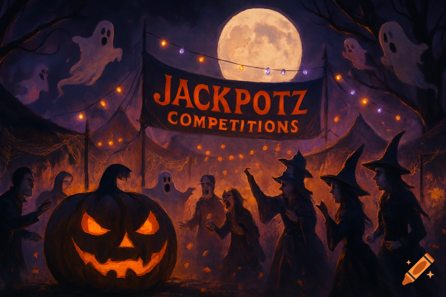 A stylized painting of a Halloween night scene under a full moon, featuring a large glowing jack-o'-lantern, witches, and ghosts amidst a crowd, with a banner reading "JACKPOTZ COMPETITIONS".