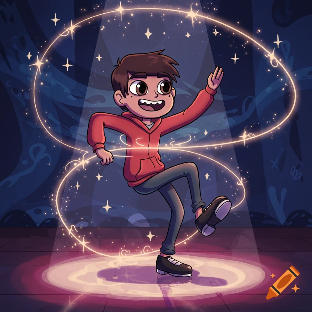 Cartoon character Marco from Star vs. the Forces of Evil tap dancing under a spotlight on a stage with magical sparkles.