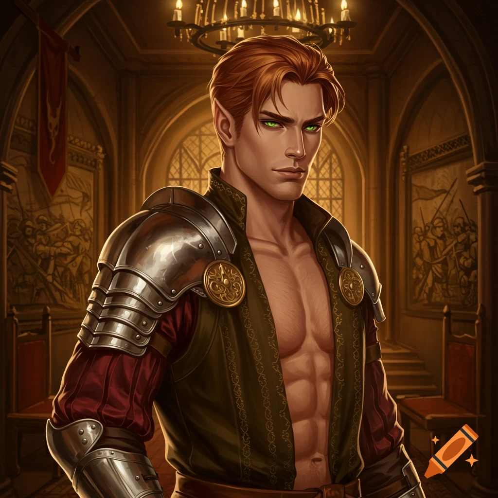 A red-haired male elf fighter with green eyes and muscular chest, wearing armor and a green robe in a grand hall.