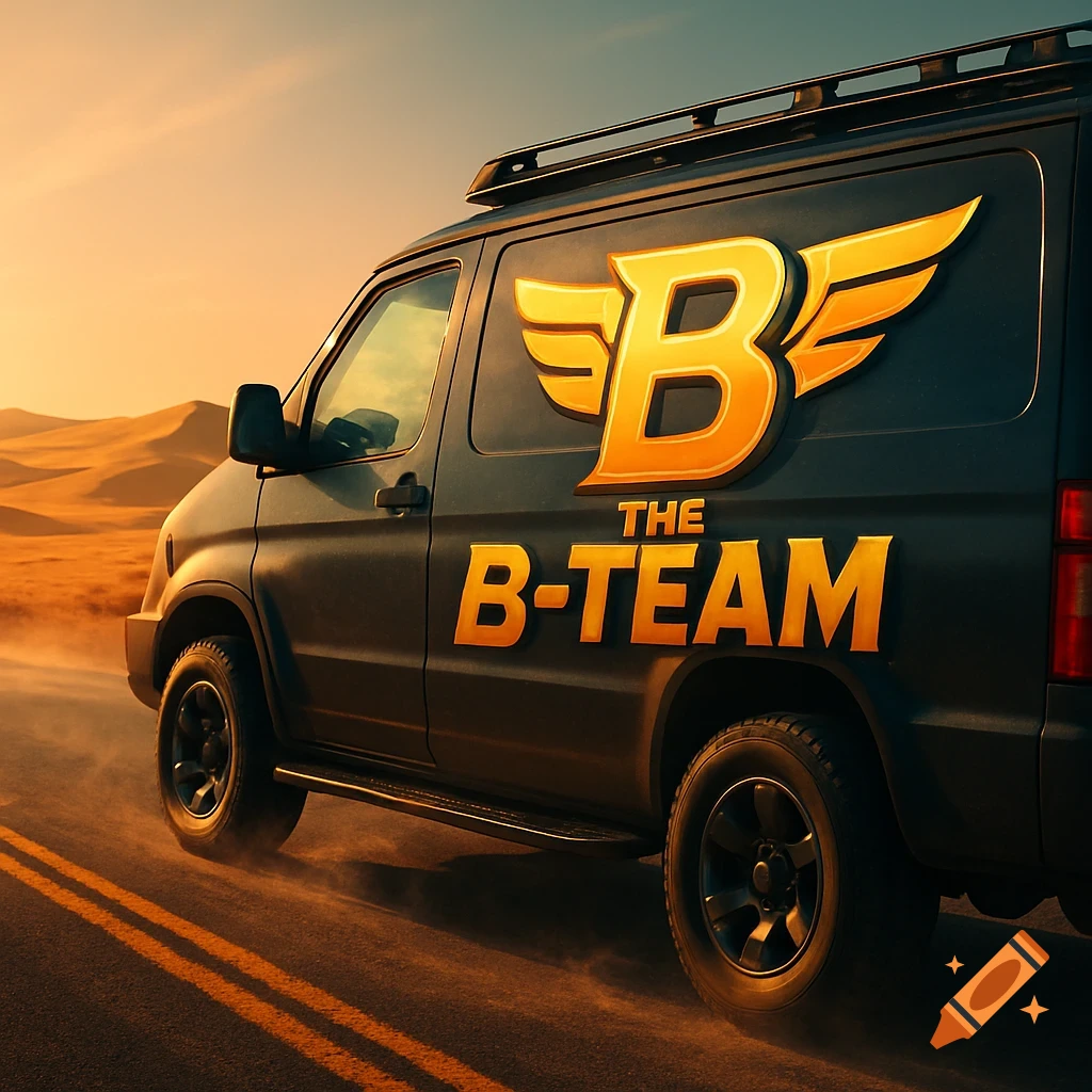 A black van with a gold 'B' logo with wings and 'THE B-TEAM' text on its side, driving through a desert landscape at sunset.