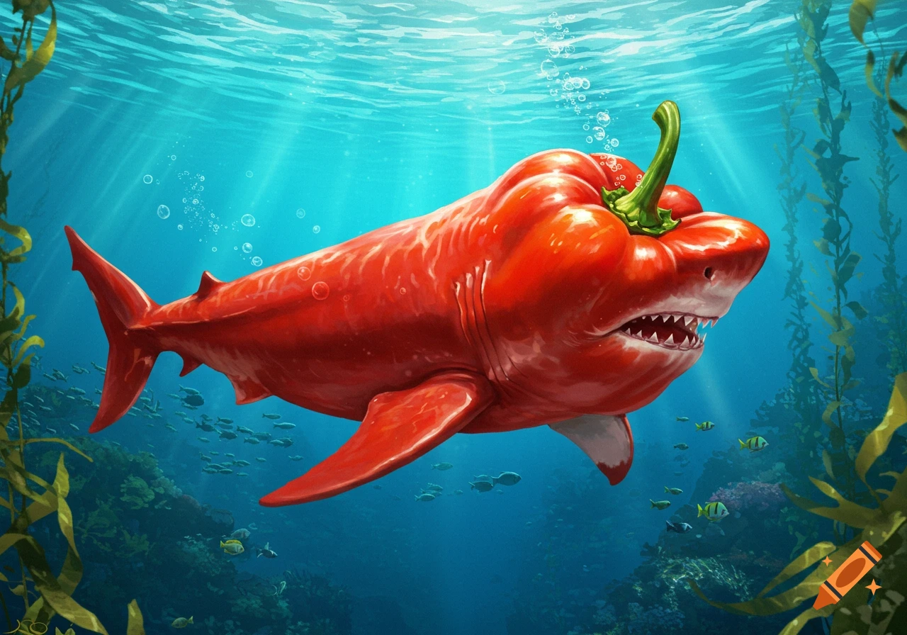 A vibrant red bell pepper shaped like a shark swims in a sunlit ocean amidst kelp and small fish.