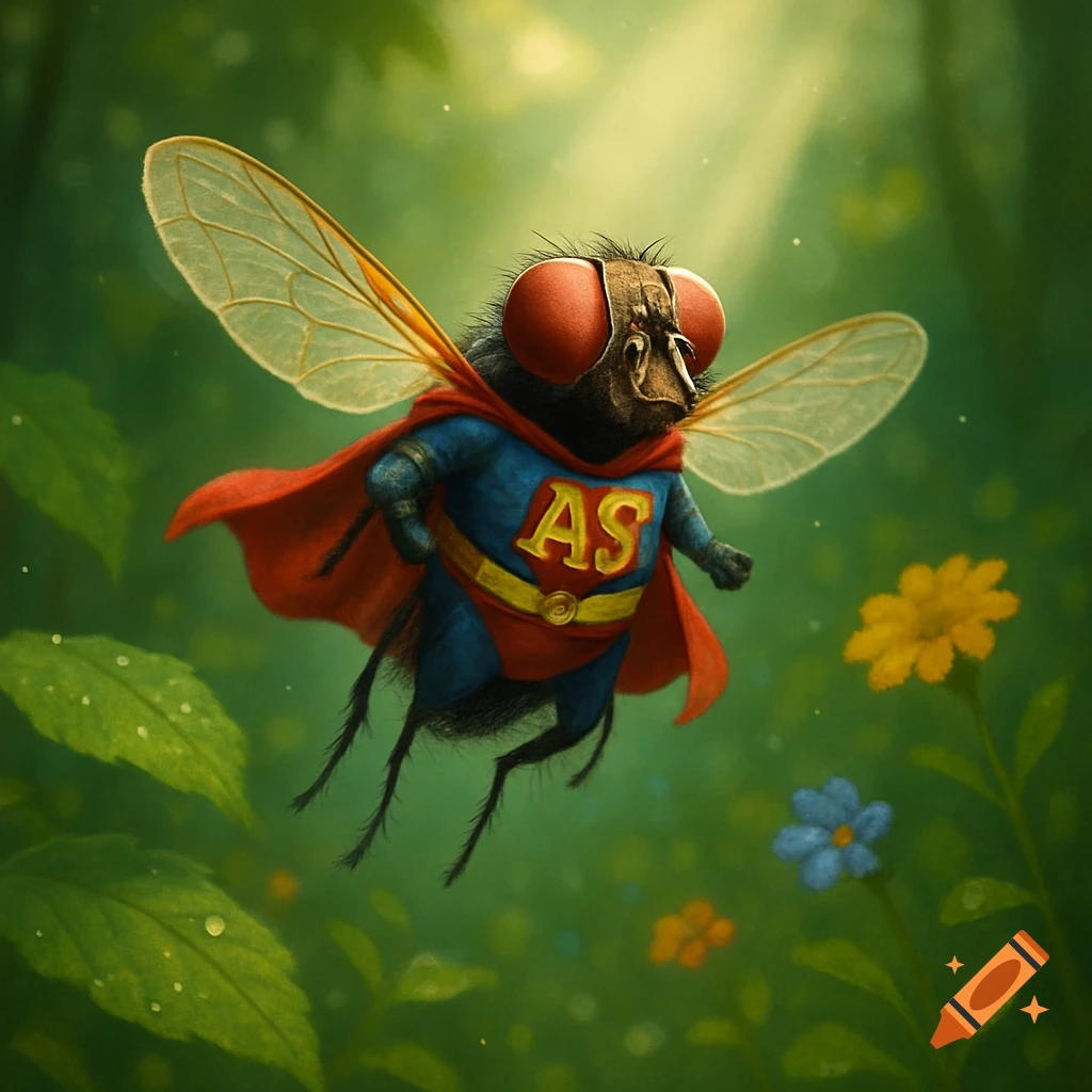 A detailed fly superhero in a red and blue costume with 'AS' on its chest, flying through a sunny green forest.