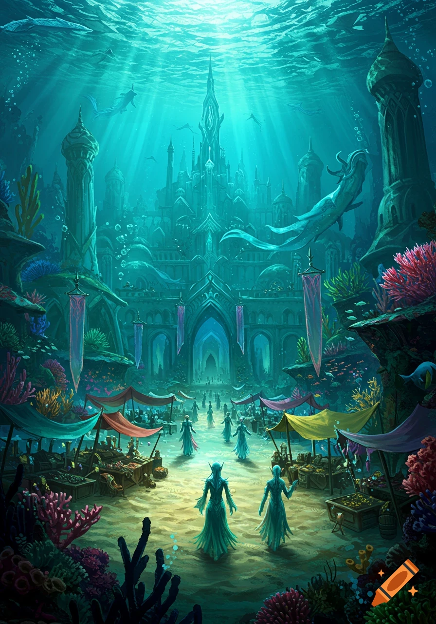A vibrant underwater fantasy city with grand architecture, sea elves, whales, and bustling markets under sunlit turquoise water.