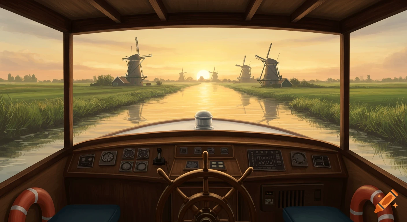 Illustrated view from a wooden boat cockpit on a canal, with windmills lining grassy fields under a golden sunset.