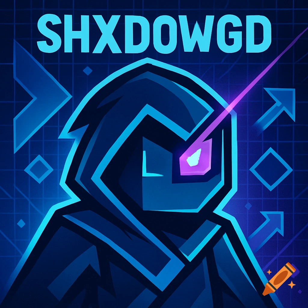 A dark blue stylized figure in a hood with a glowing purple eye, above the name 'SHXDWGD' in neon blue, against a futuristic grid background.