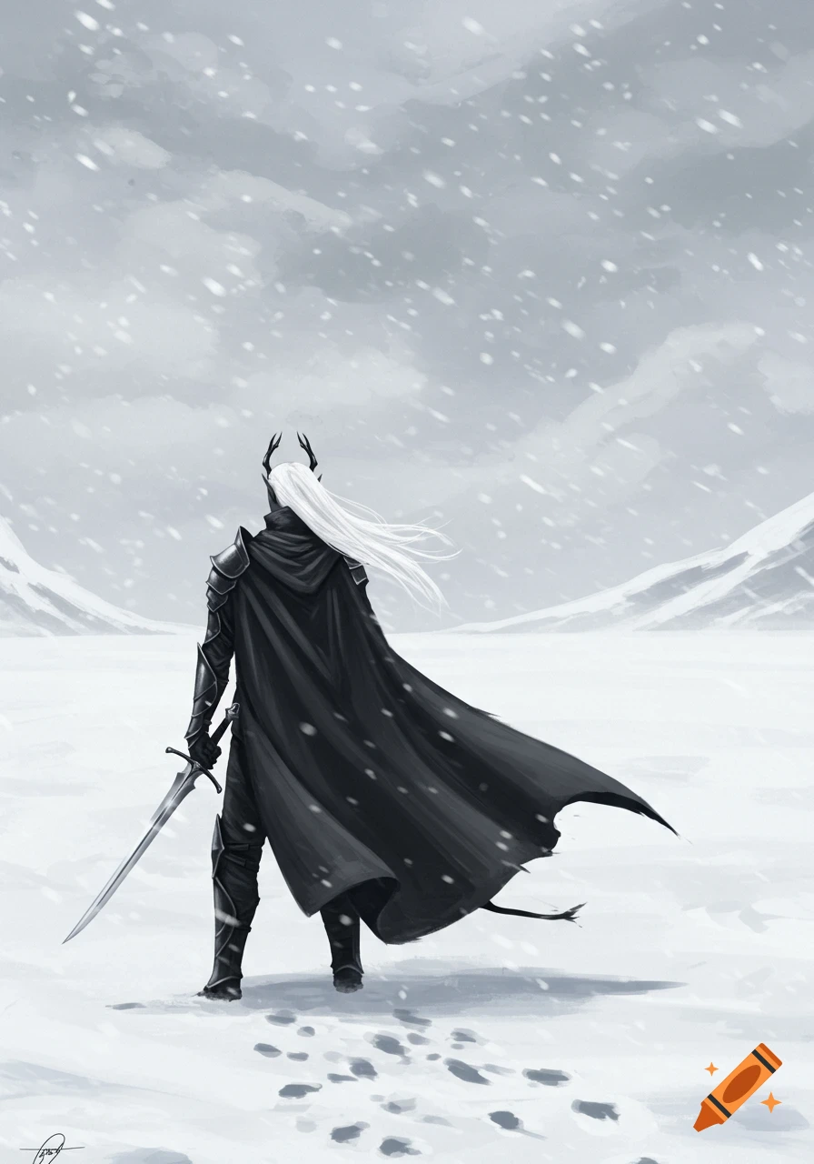 A white-haired drow warrior in black armor and cloak stands with a sword in a vast, snowy, misty landscape.