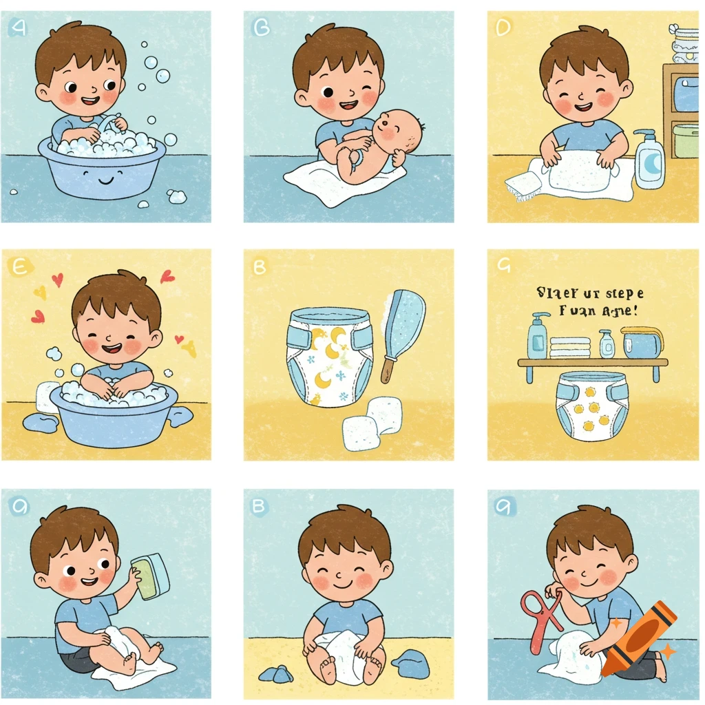 A cartoon nine-panel grid illustrates a diaper changing and bathing routine for a child, featuring a happy boy and baby.