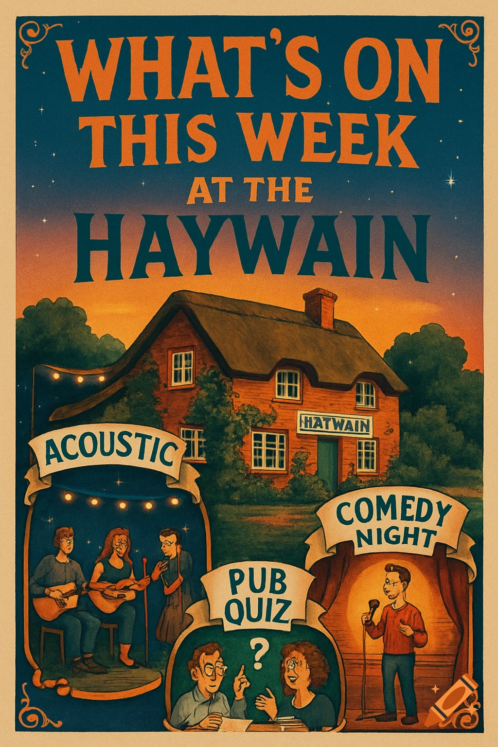 Vintage-style poster advertising 'What's On This Week at The Haywain', showing a thatched pub and illustrated sections for acoustic music, pub quiz, and comedy night.
