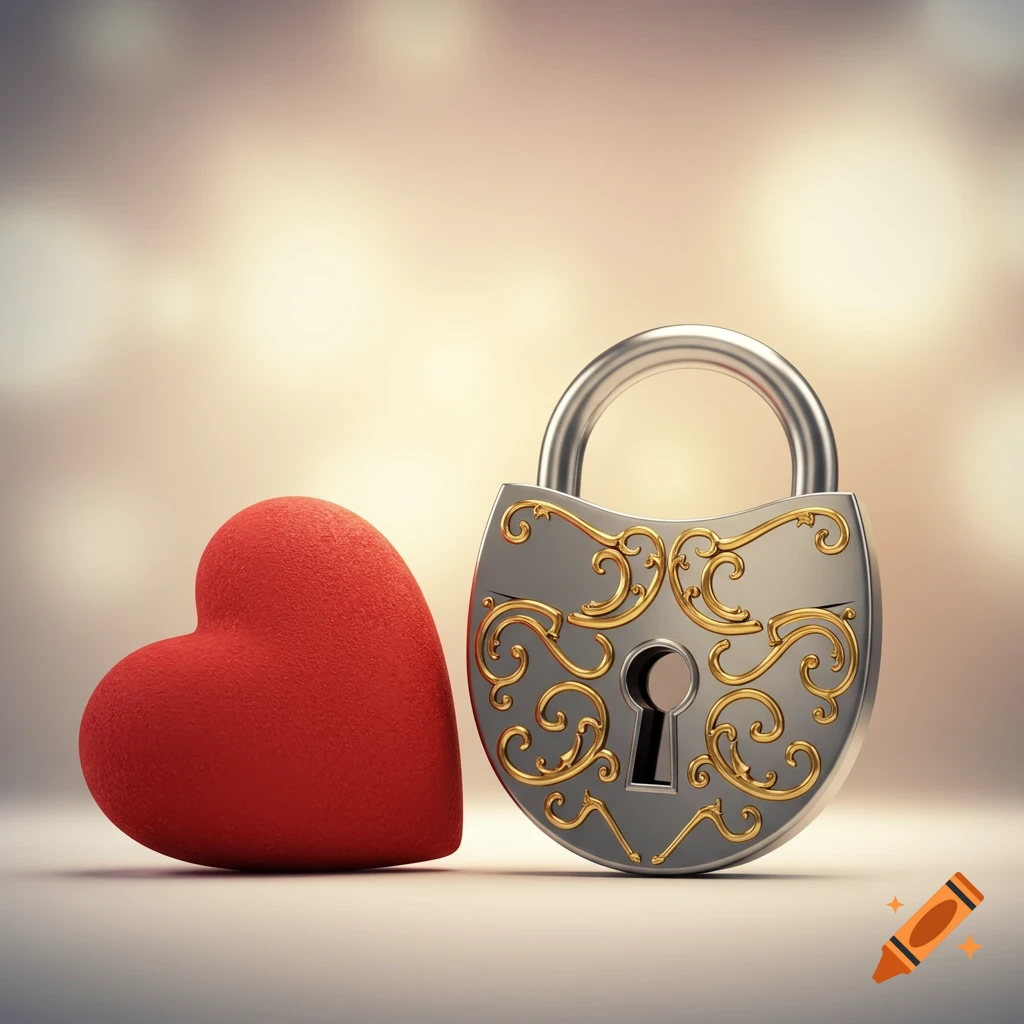 A vibrant red heart sits next to an ornate silver padlock with intricate gold filigree against a soft, blurred background.