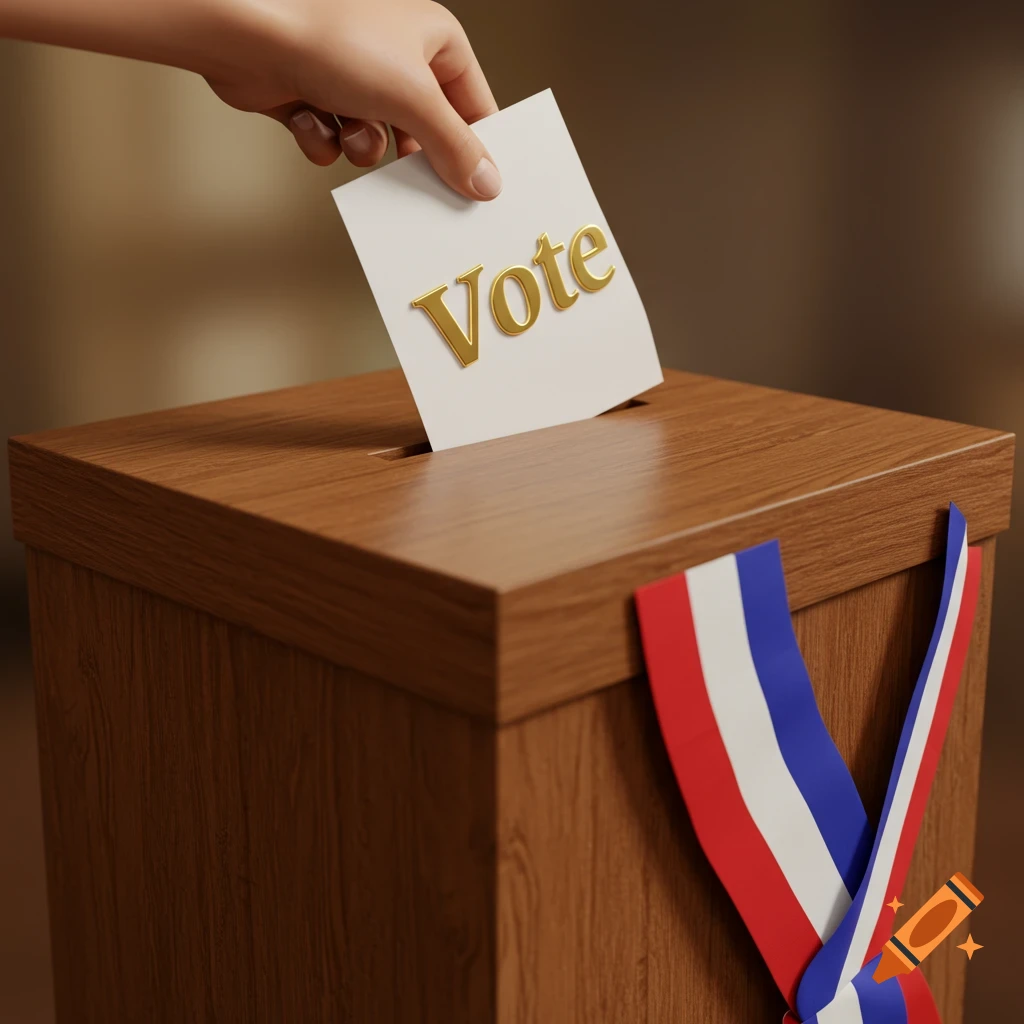 A hand places a ballot with the word "Vote" in gold letters into a wooden voting box decorated with a red, white, and blue sash.