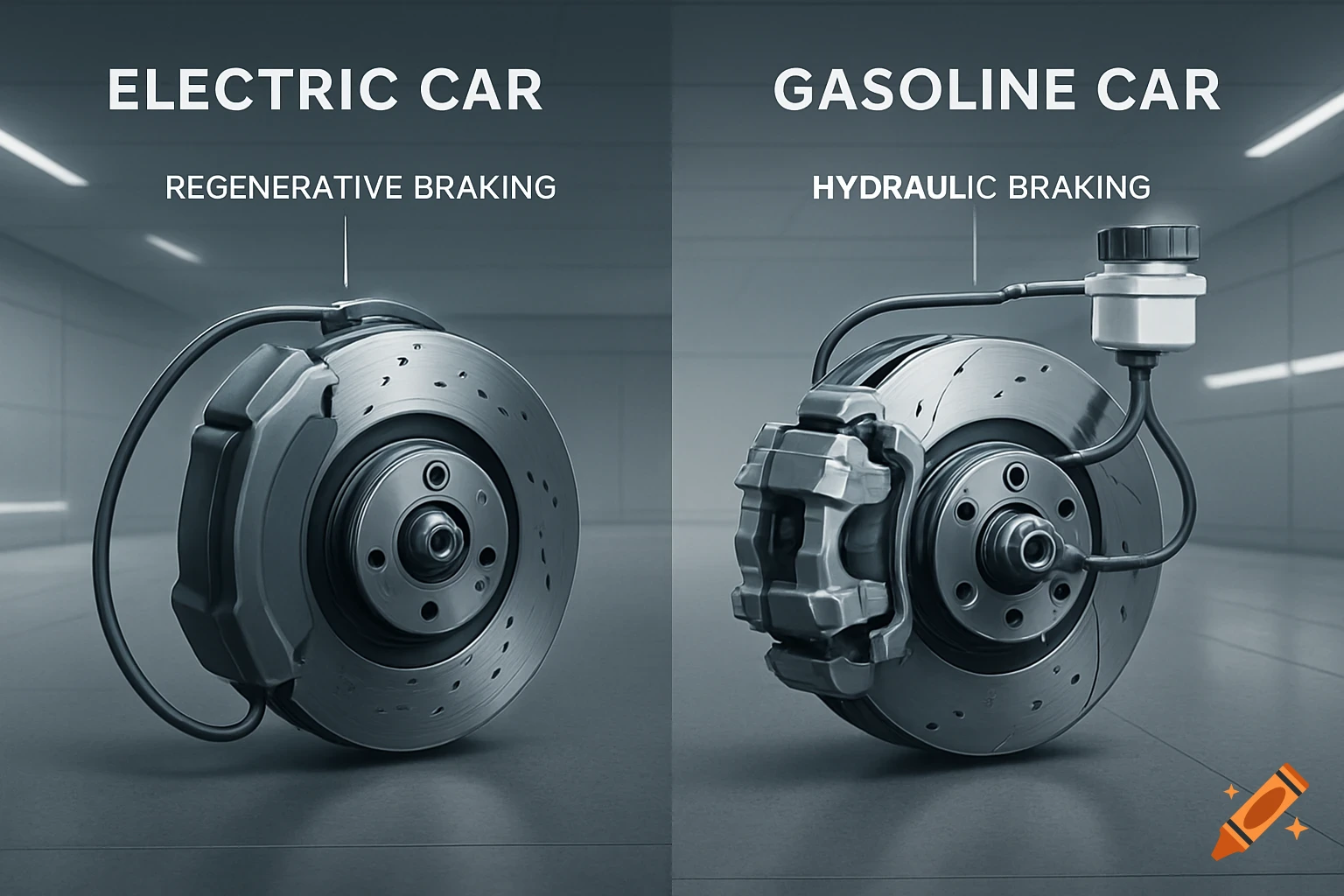 Photorealistic comparison of electric car regenerative braking and gasoline car hydraulic braking systems.