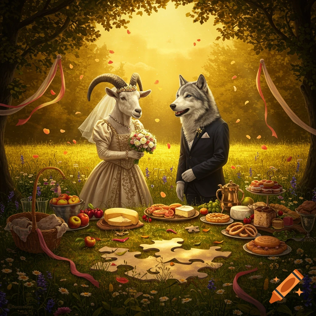 A goat bride and wolf groom in wedding attire stand in a sunlit fantasy forest field with a picnic spread.