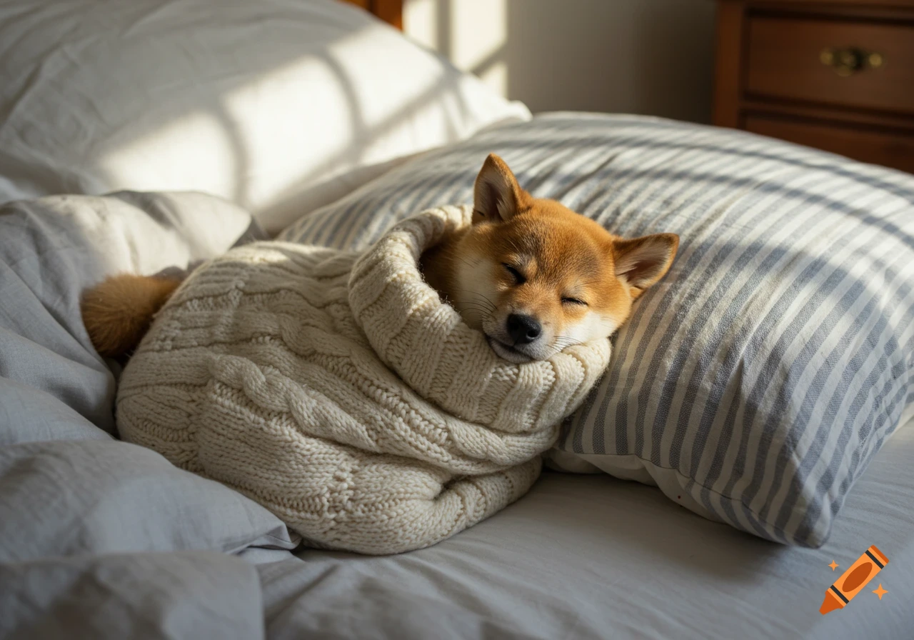 A small Shiba Inu puppy wrapped in a knitted blanket sleeps on a striped pillow in a bed, bathed in sunlight.