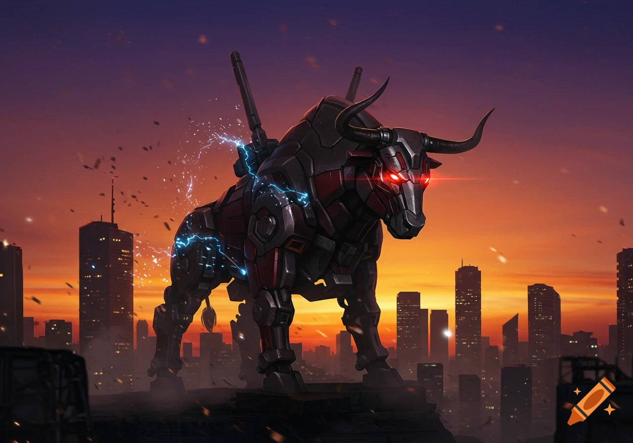 A menacing cybernetic bull with glowing red eyes and electric sparks stands atop a building, overlooking a futuristic city at sunset.
