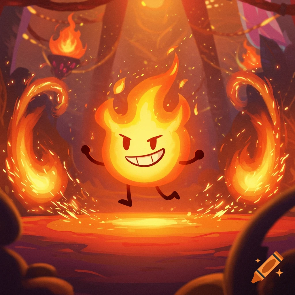A cheerful, cartoony fire character with a big grin runs through a fiery, glowing arena, sparks flying around.