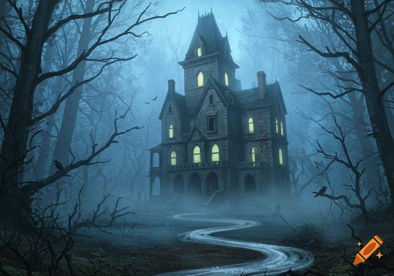 A spooky, mist-shrouded haunted house in a dark forest with bare trees and a winding path, illustrated.