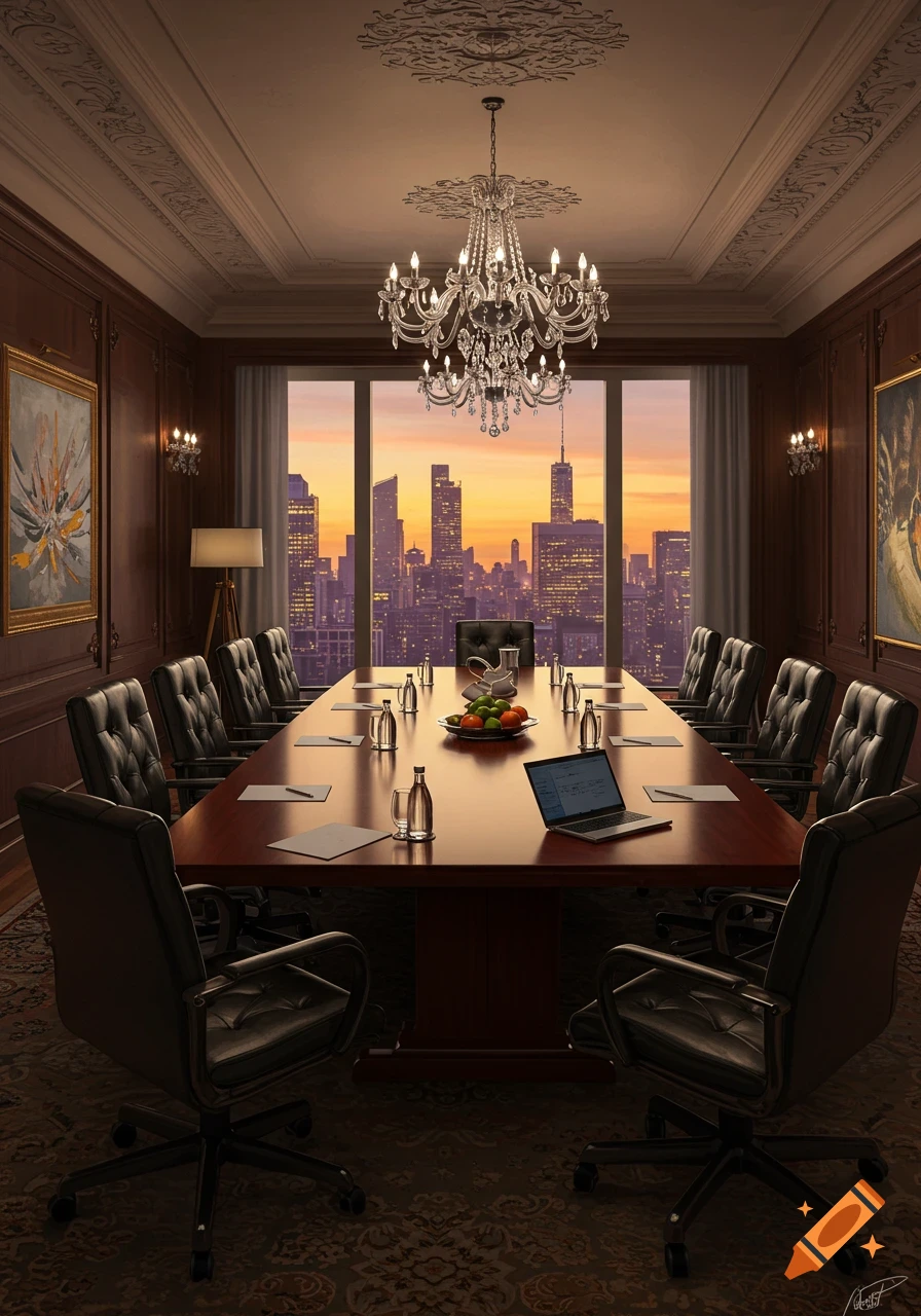A luxurious boardroom with a long table, leather chairs, and chandelier, overlooking a city skyline at sunset.