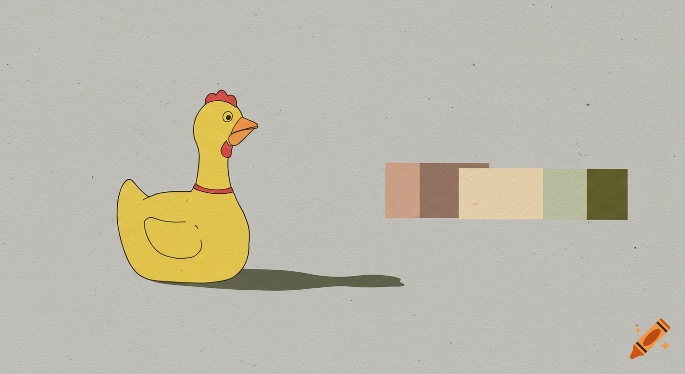 A minimalist illustration of a yellow rubber chicken with a red collar and a color palette on a textured gray background.