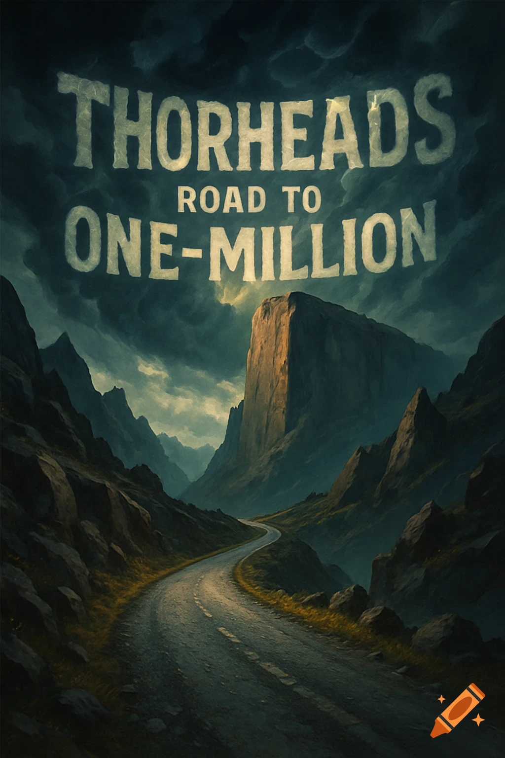 Digital painting of a winding road through a moody mountain valley with a large cliff, and 'THORHEADS ROAD TO ONE-MILLION' in the stormy sky.
