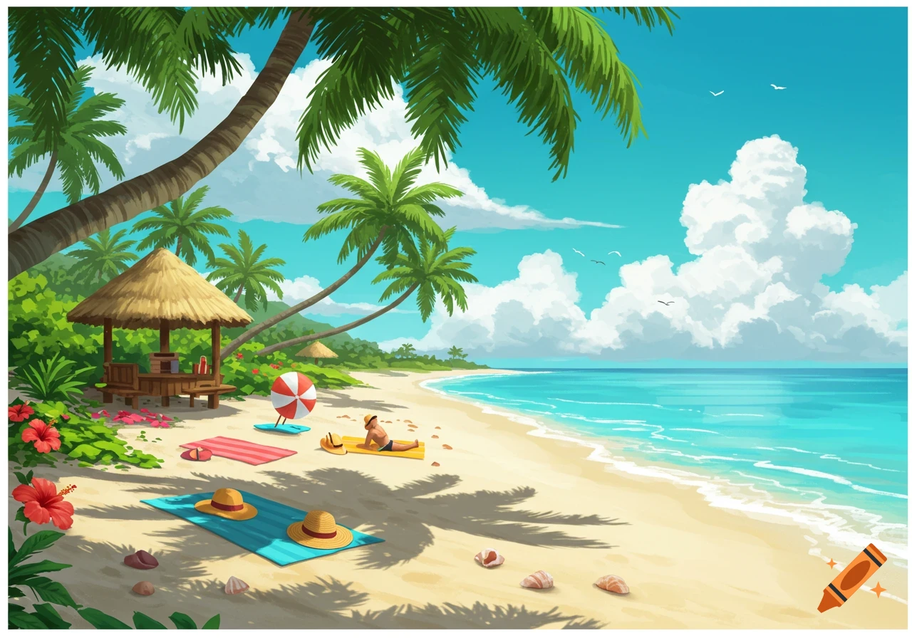 Illustration of a sunny tropical beach with palm trees, a thatched hut, turquoise ocean, a person sunbathing, towels, and hibiscus flowers.