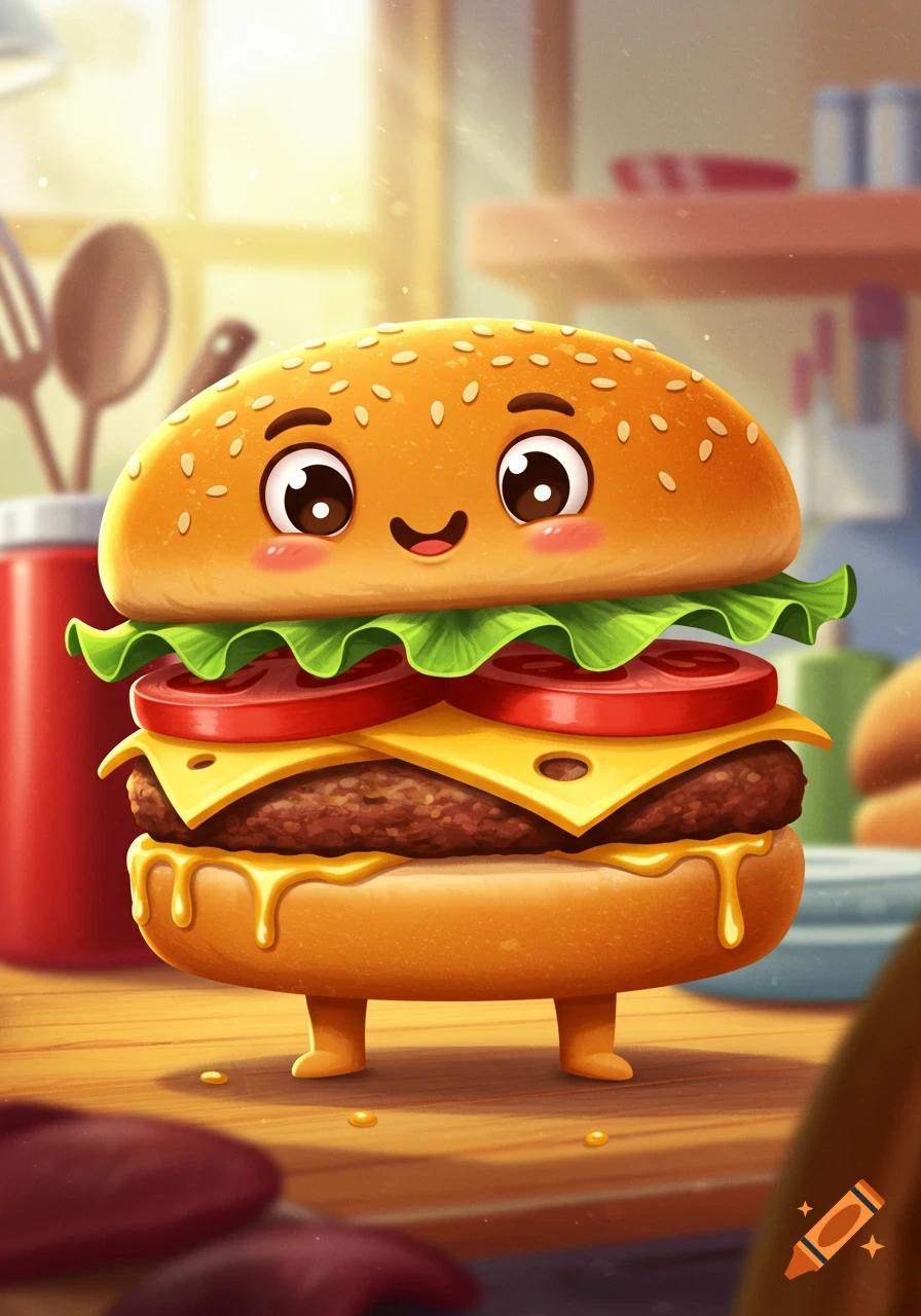 A cute anthropomorphic hamburger character with a happy face, blush, and small feet, standing on a wooden counter in a bright kitchen.