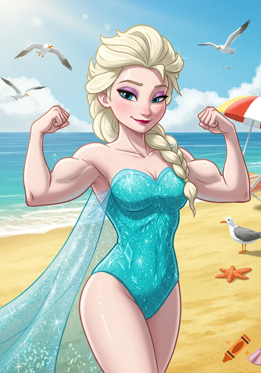 Cartoon Elsa from Frozen flexing her muscles on a sunny beach.
